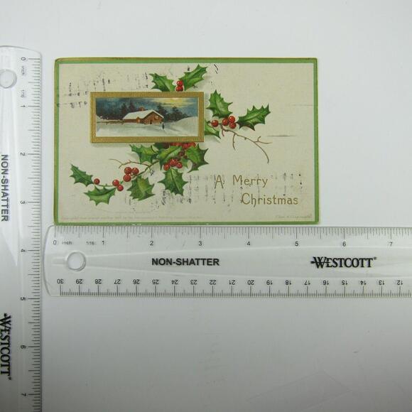 Christmas Postcard Snowy Cabin Holly Berries Clapsaddle Gold Embossed Antique - Picture 6 of 12